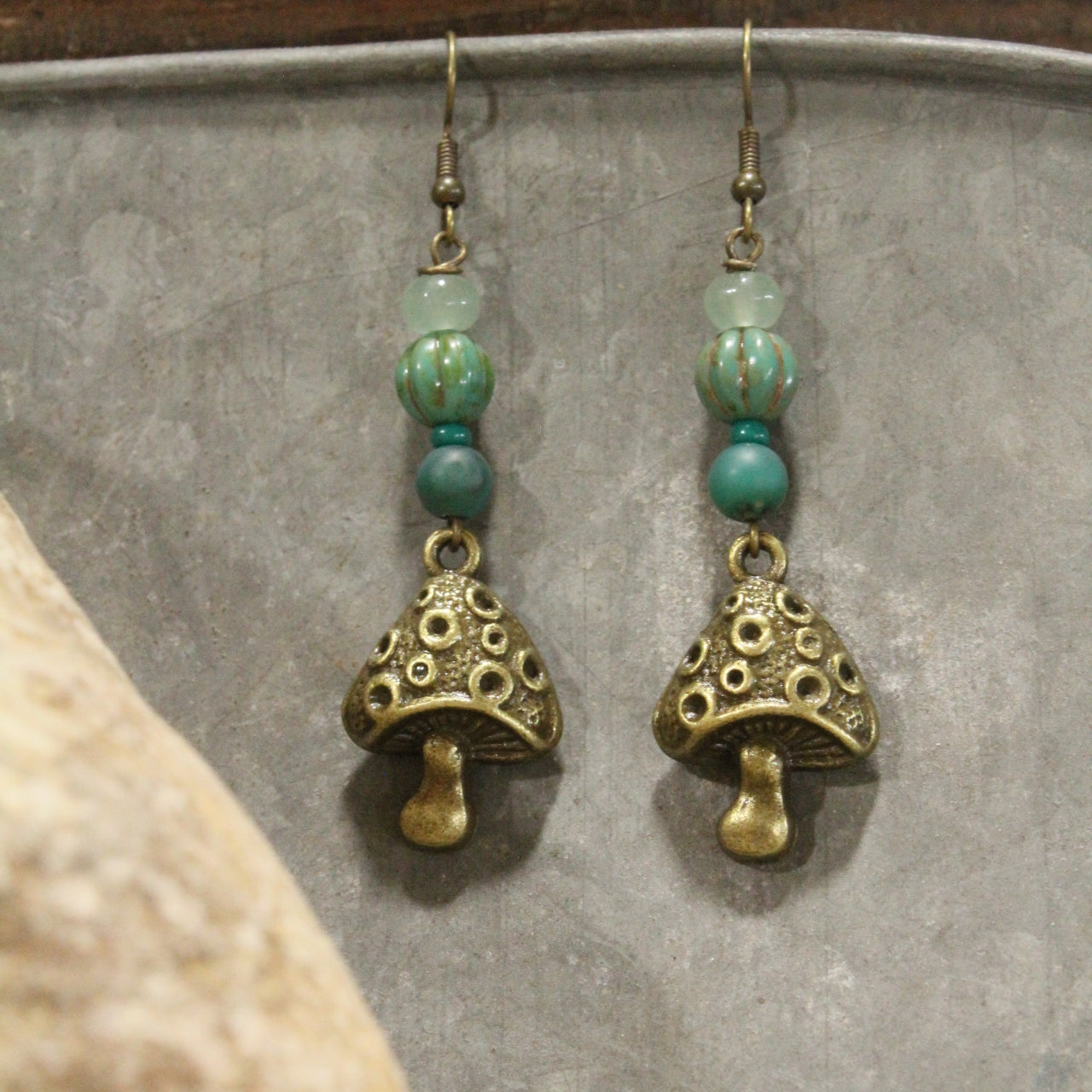 Bohemian Bronze Mushroom Stone Earrings