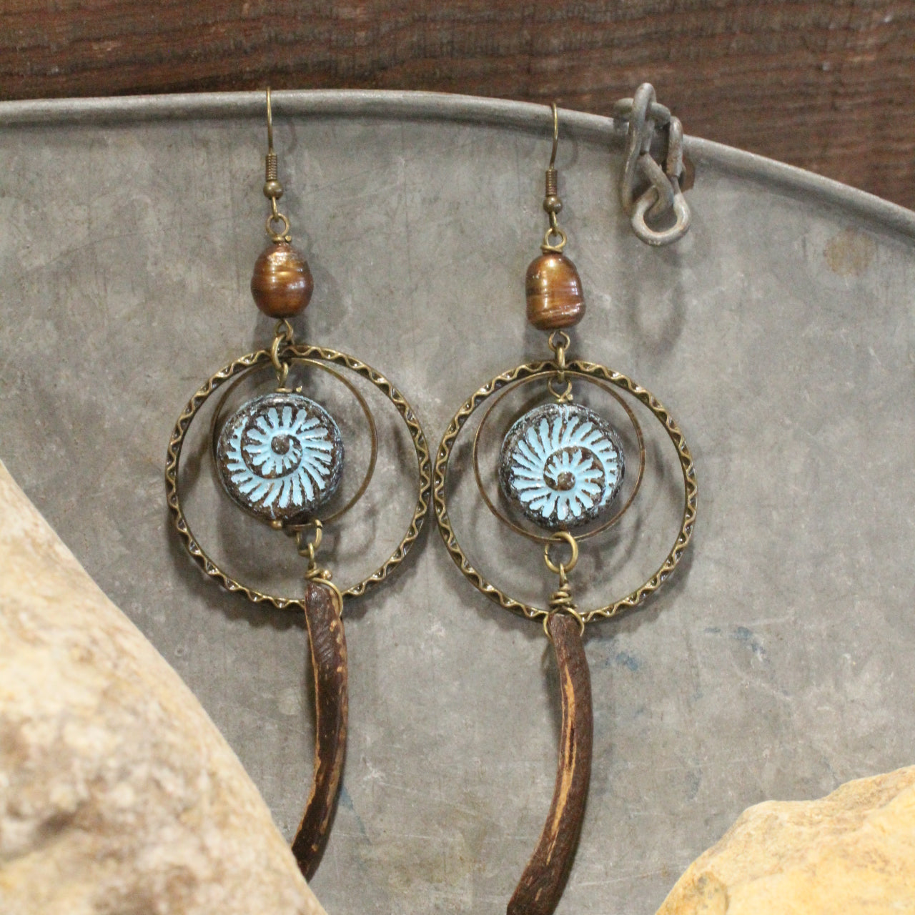 Czech Fossil Stone Tribal Earrings