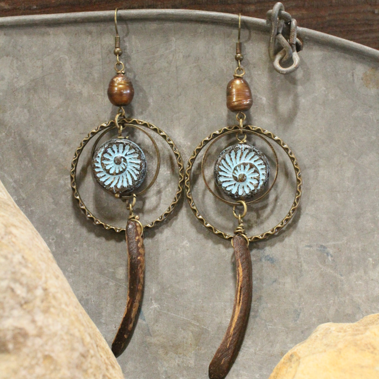 Czech Fossil Stone Tribal Earrings