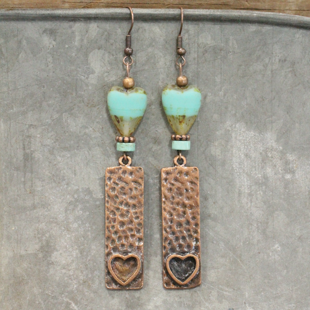 Hammered Copper & Czech Heart Dangle Earrings