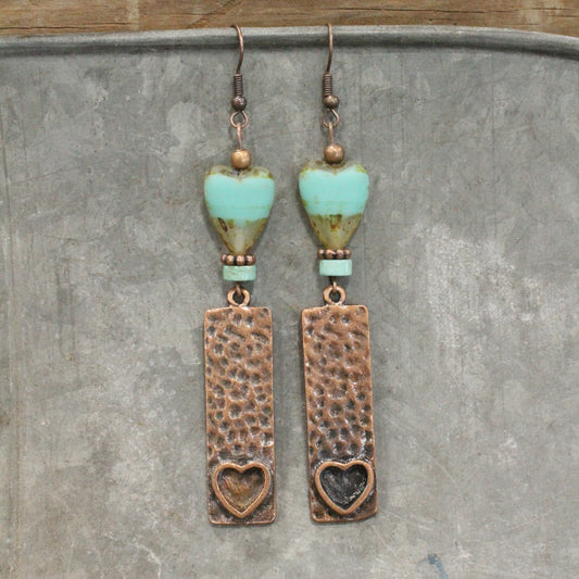 Hammered Copper & Czech Heart Dangle Earrings