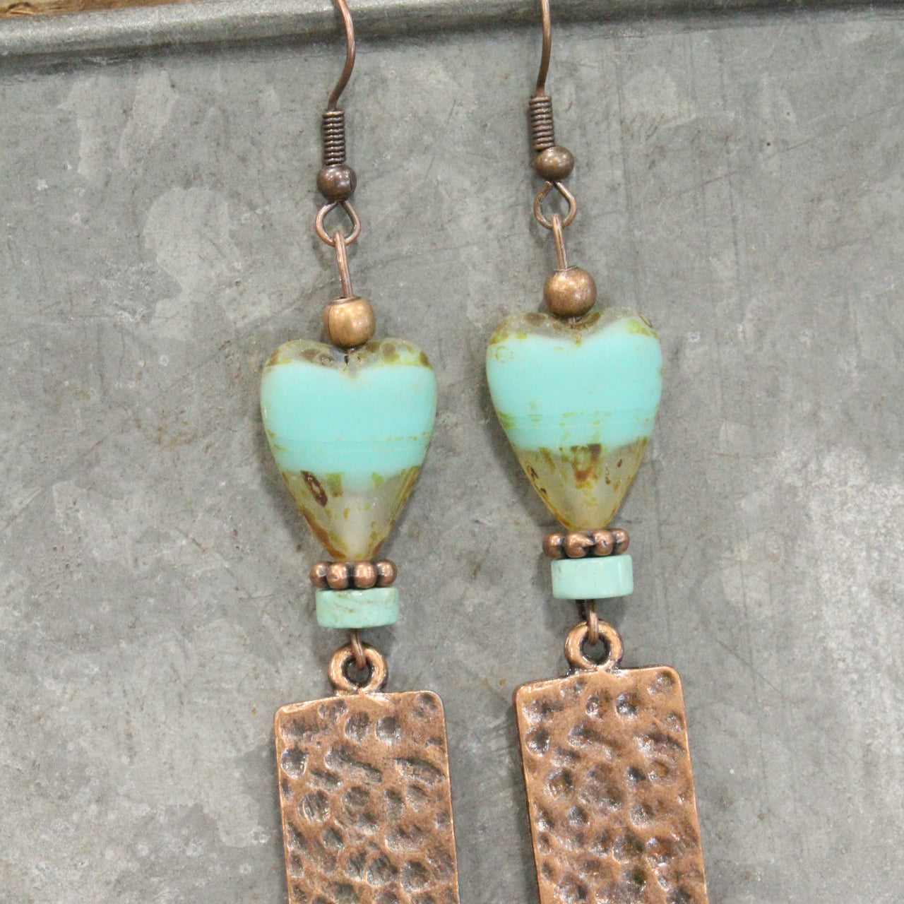 Hammered Copper & Czech Heart Dangle Earrings