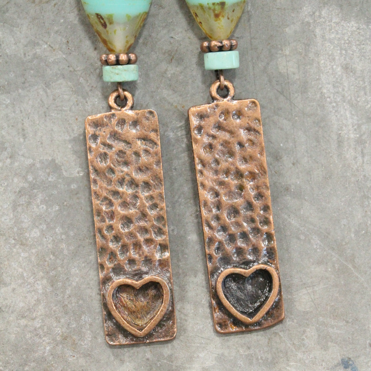 Hammered Copper & Czech Heart Dangle Earrings