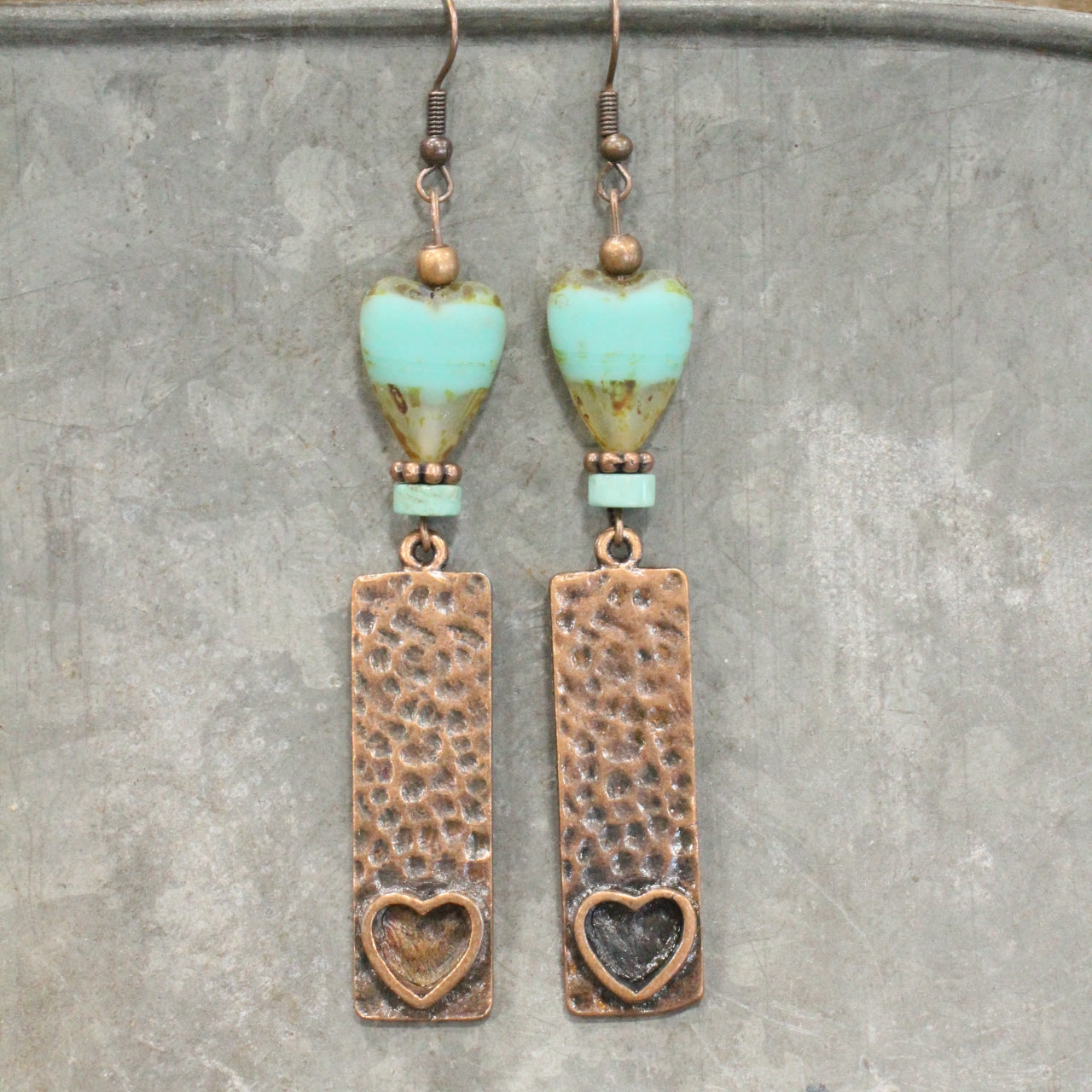 Hammered Copper & Czech Heart Dangle Earrings