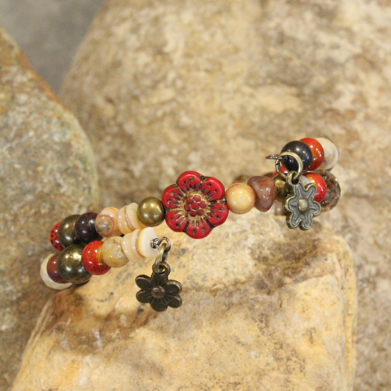 Red Czech Flower Stone Wrap Bracelet