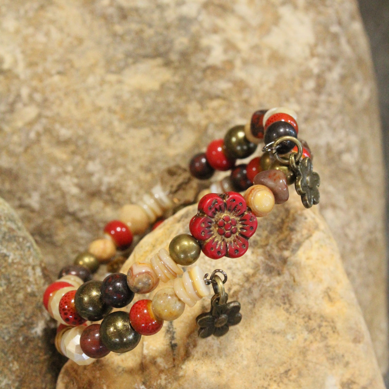 Red Czech Flower Stone Wrap Bracelet