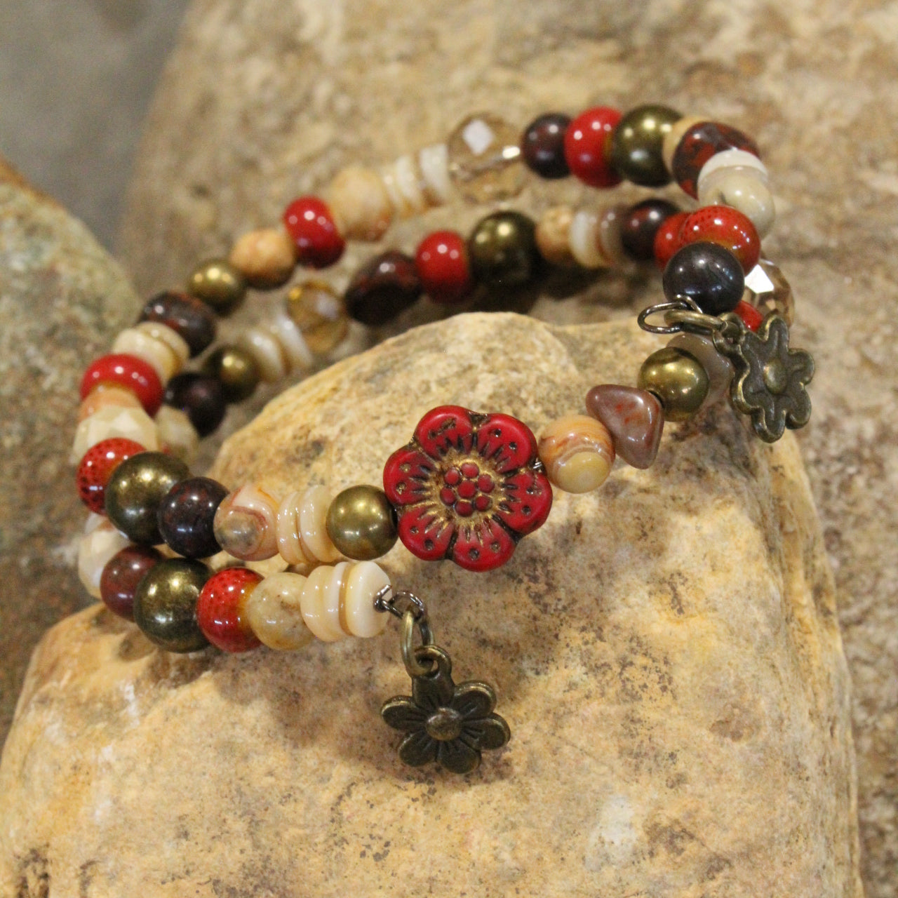 Red Czech Flower Stone Wrap Bracelet