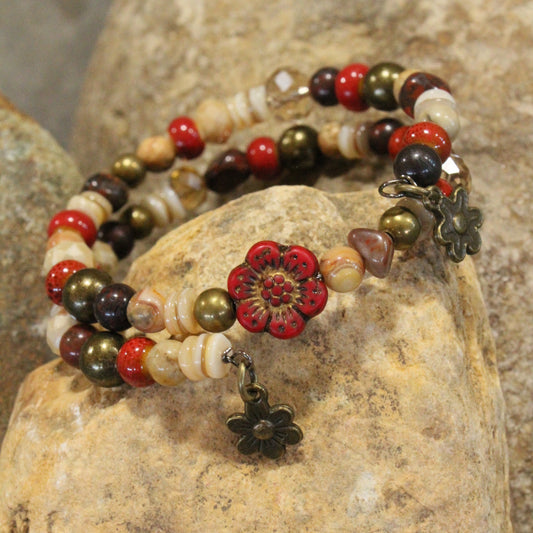 Red Czech Flower Stone Wrap Bracelet