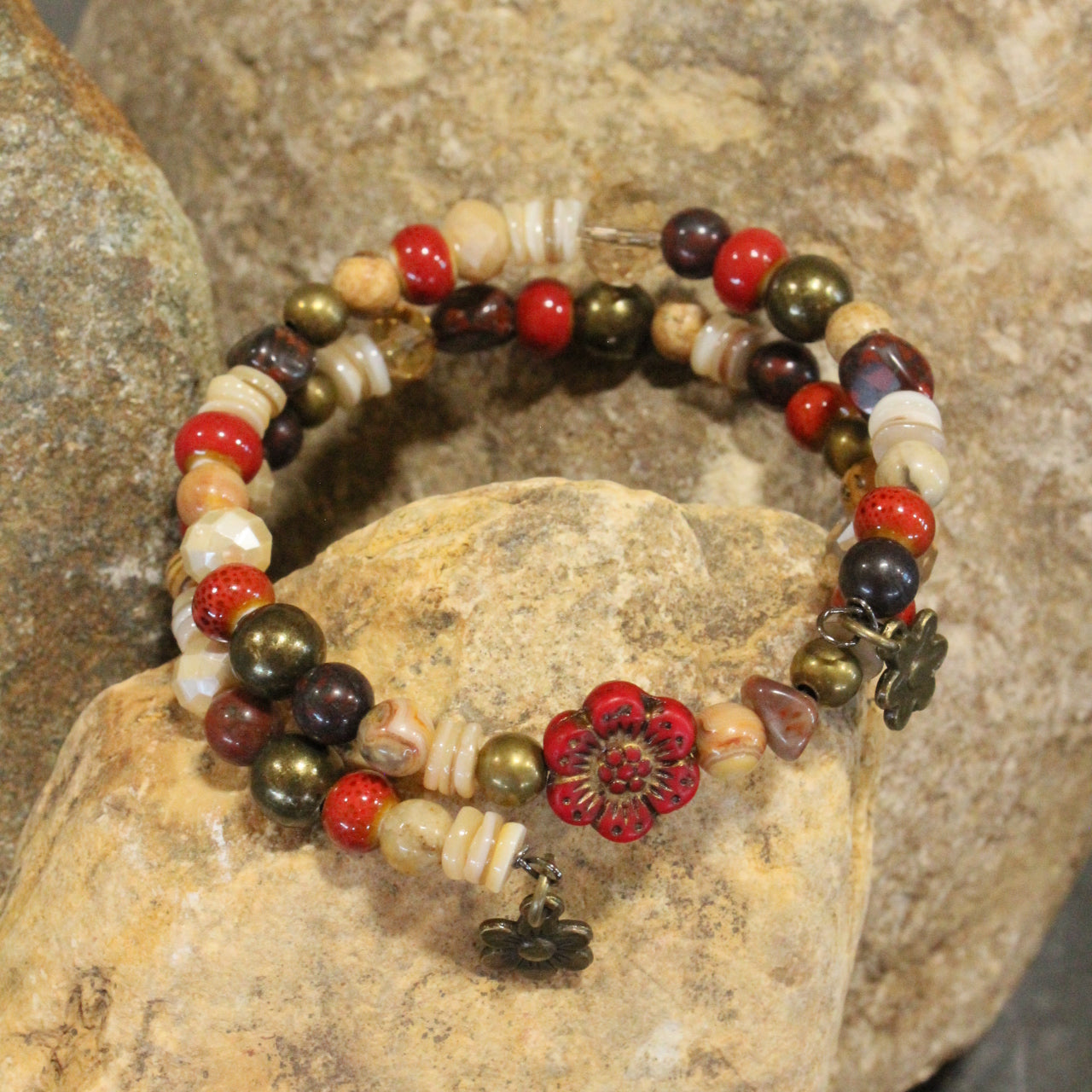 Red Czech Flower Stone Wrap Bracelet