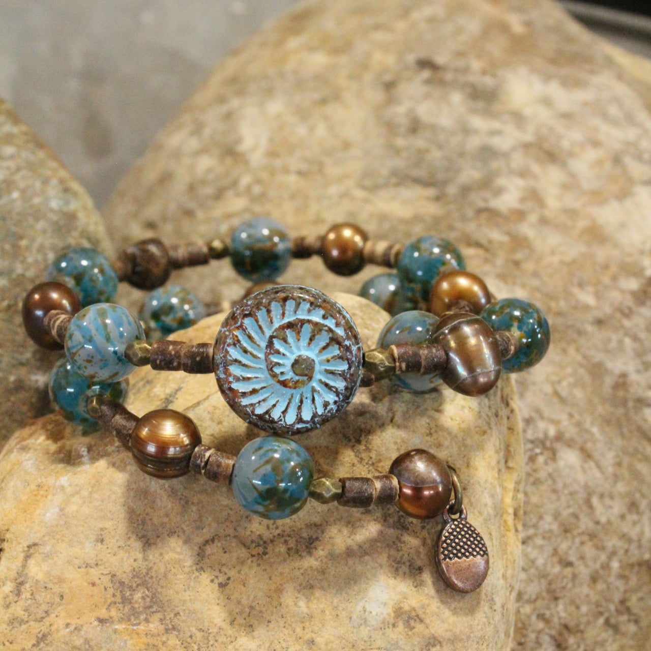 Czech Fossil Stone Tribal Wrap Bracelet