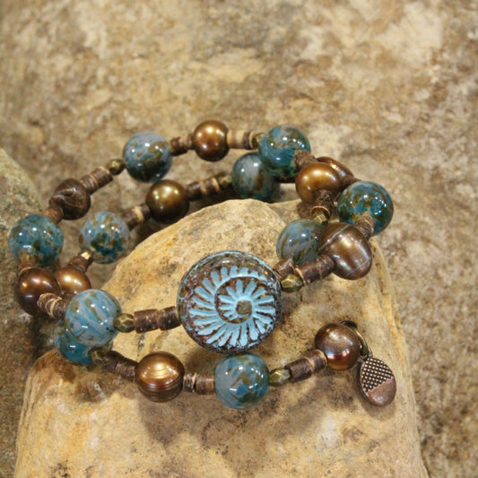 Czech Fossil Stone Tribal Wrap Bracelet