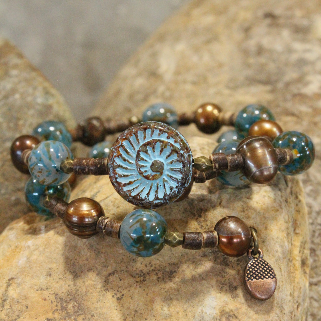 Czech Fossil Stone Tribal Wrap Bracelet