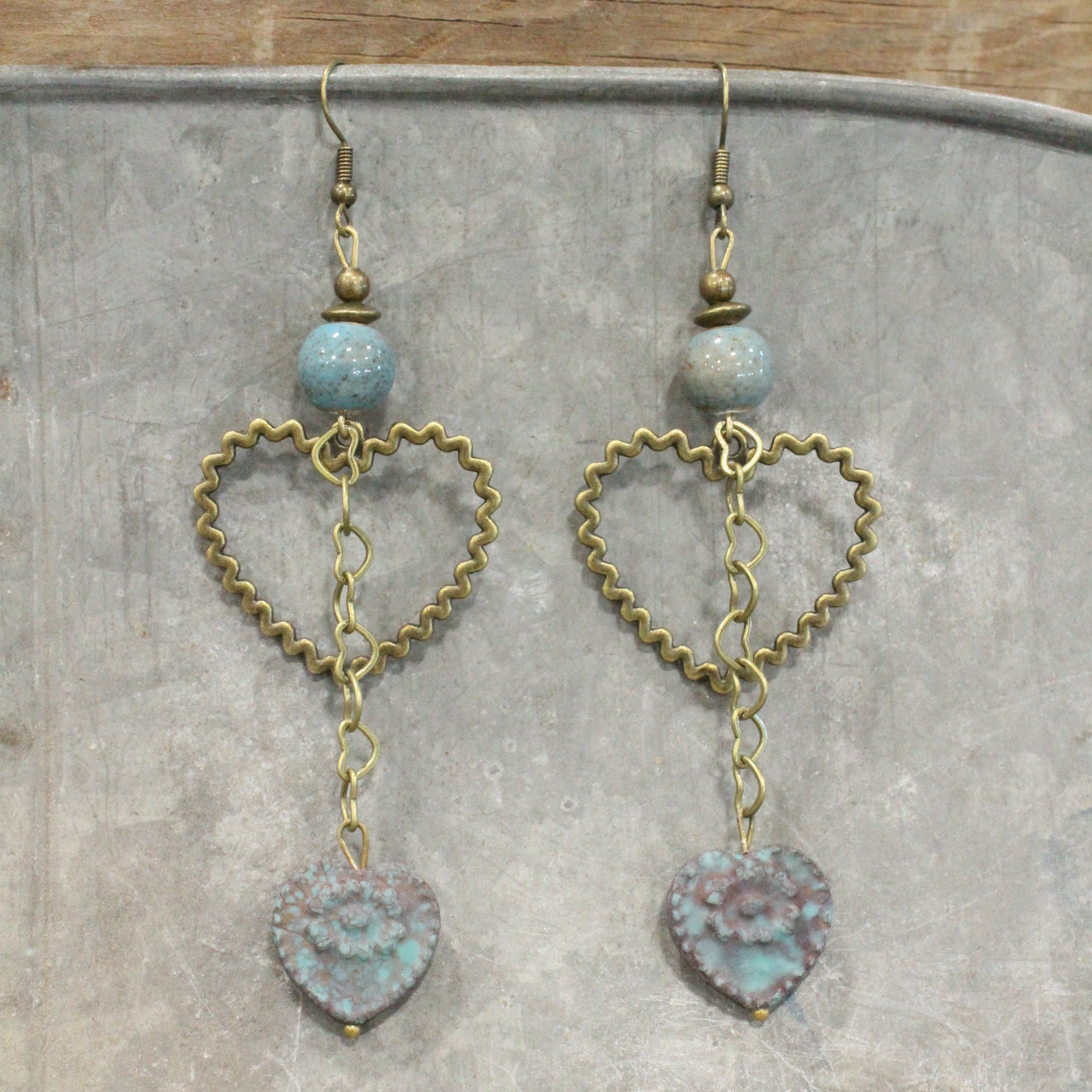 Vintage Blue Czech Heart Dangle Earrings