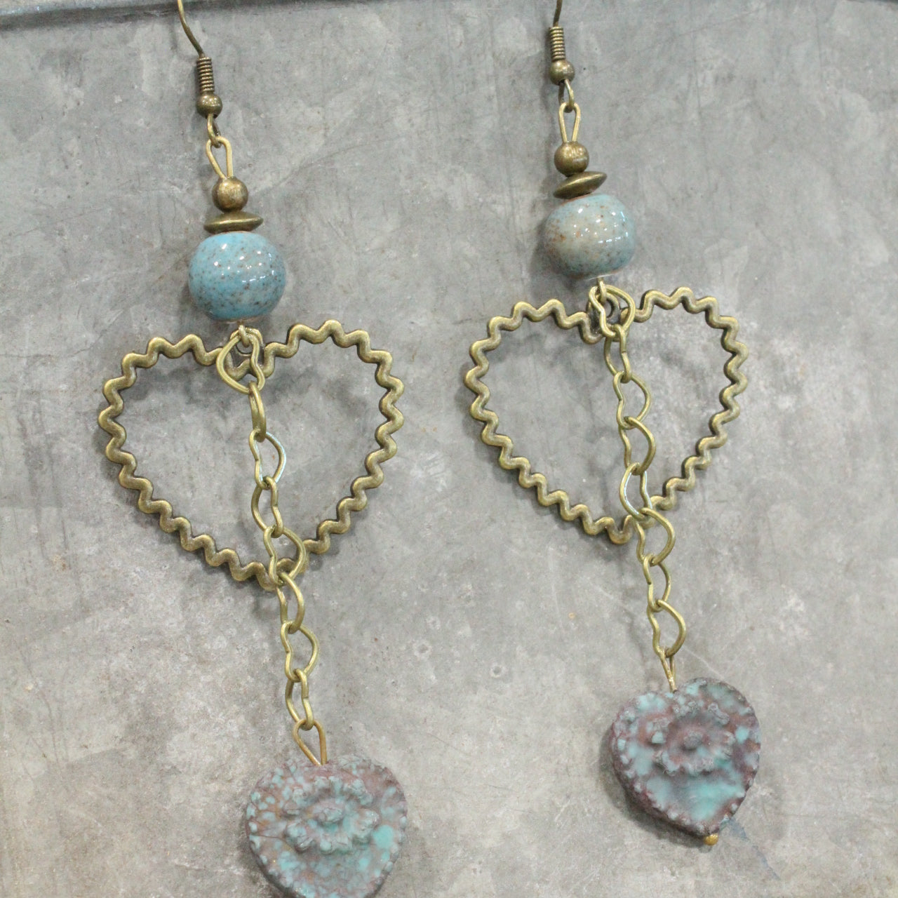 Vintage Blue Czech Heart Dangle Earrings