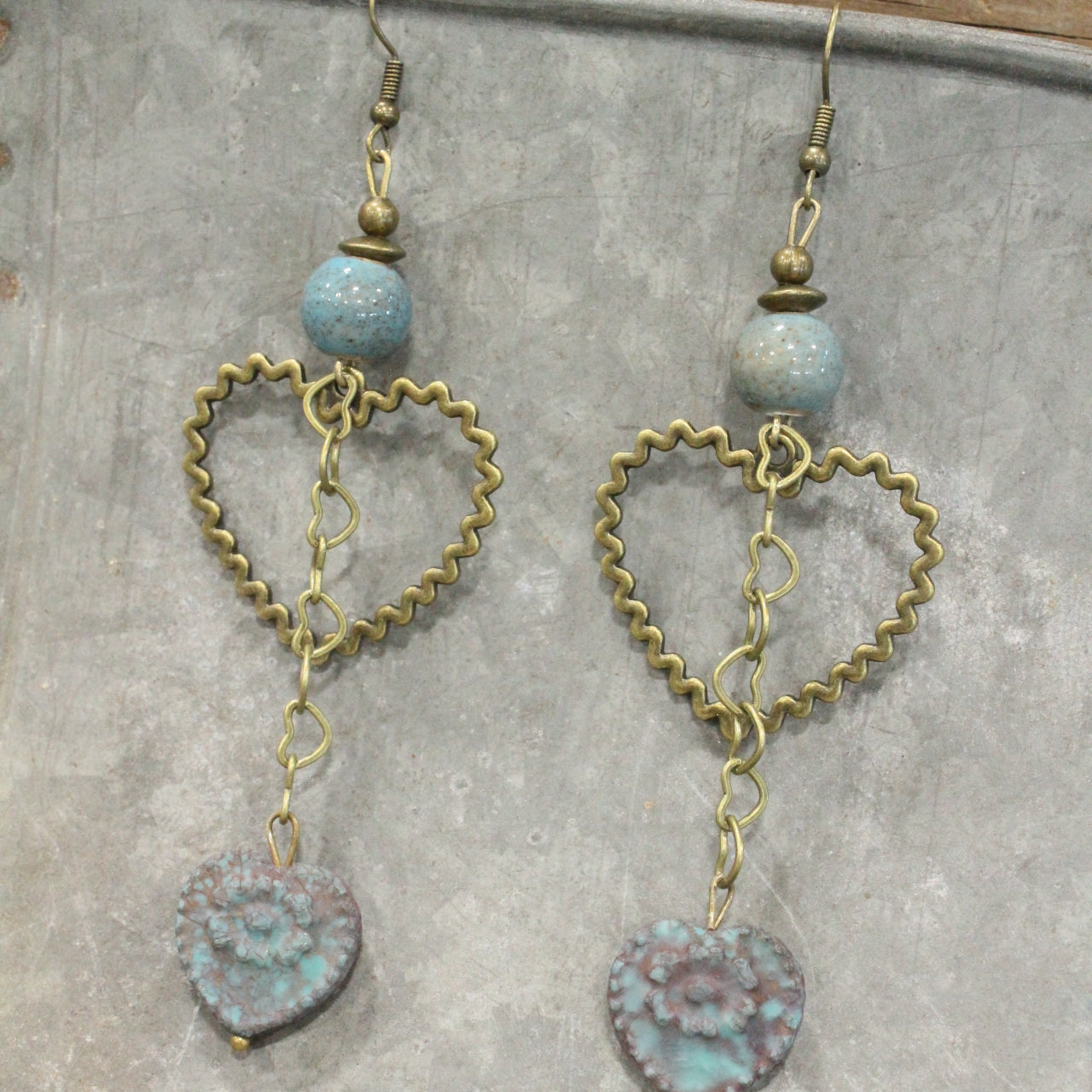 Vintage Blue Czech Heart Dangle Earrings