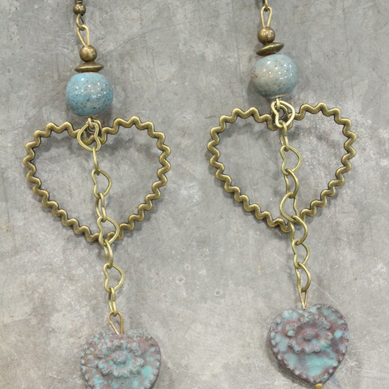 Vintage Blue Czech Heart Dangle Earrings