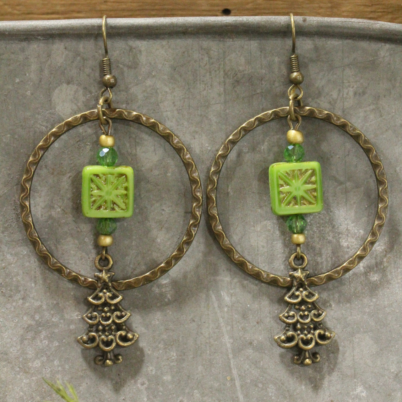 Evergreen Tree Czech Dangle Earrings