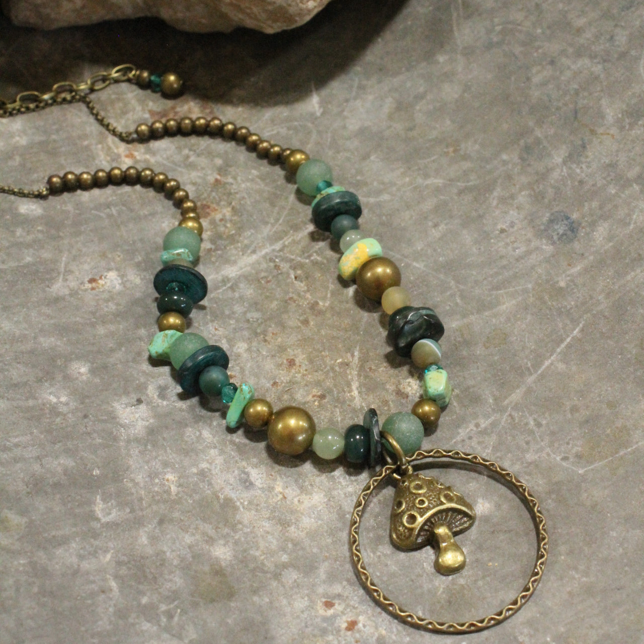 Bohemian Bronze Mushroom Stone Necklace