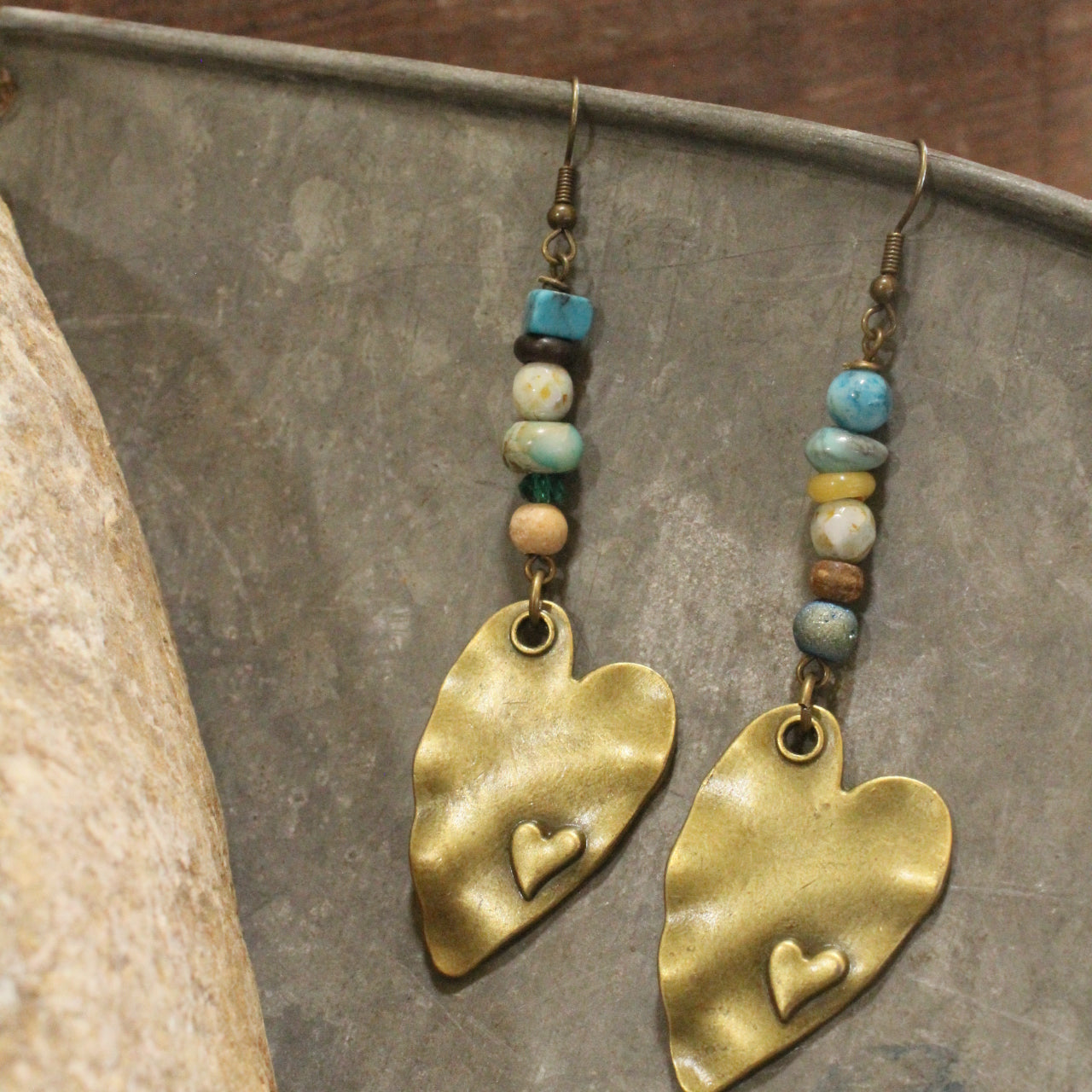 Bronze Heart Gemstone Dangle Earrings