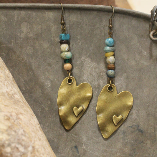 Bronze Heart Gemstone Dangle Earrings