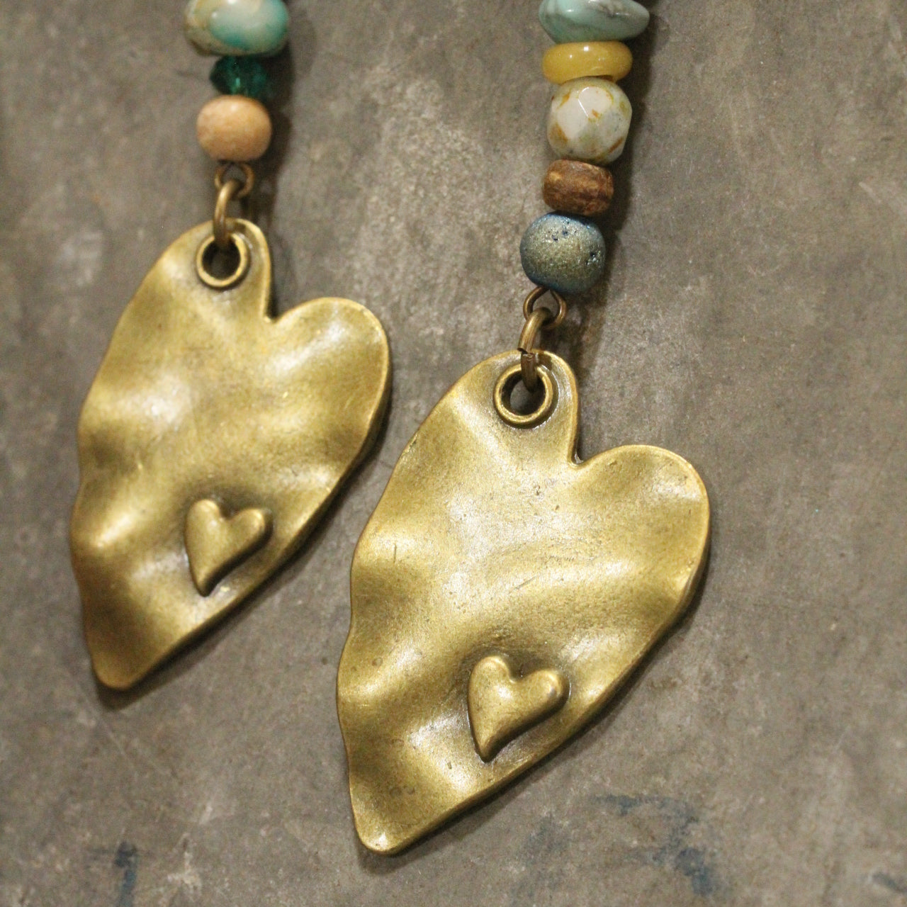 Bronze Heart Gemstone Dangle Earrings