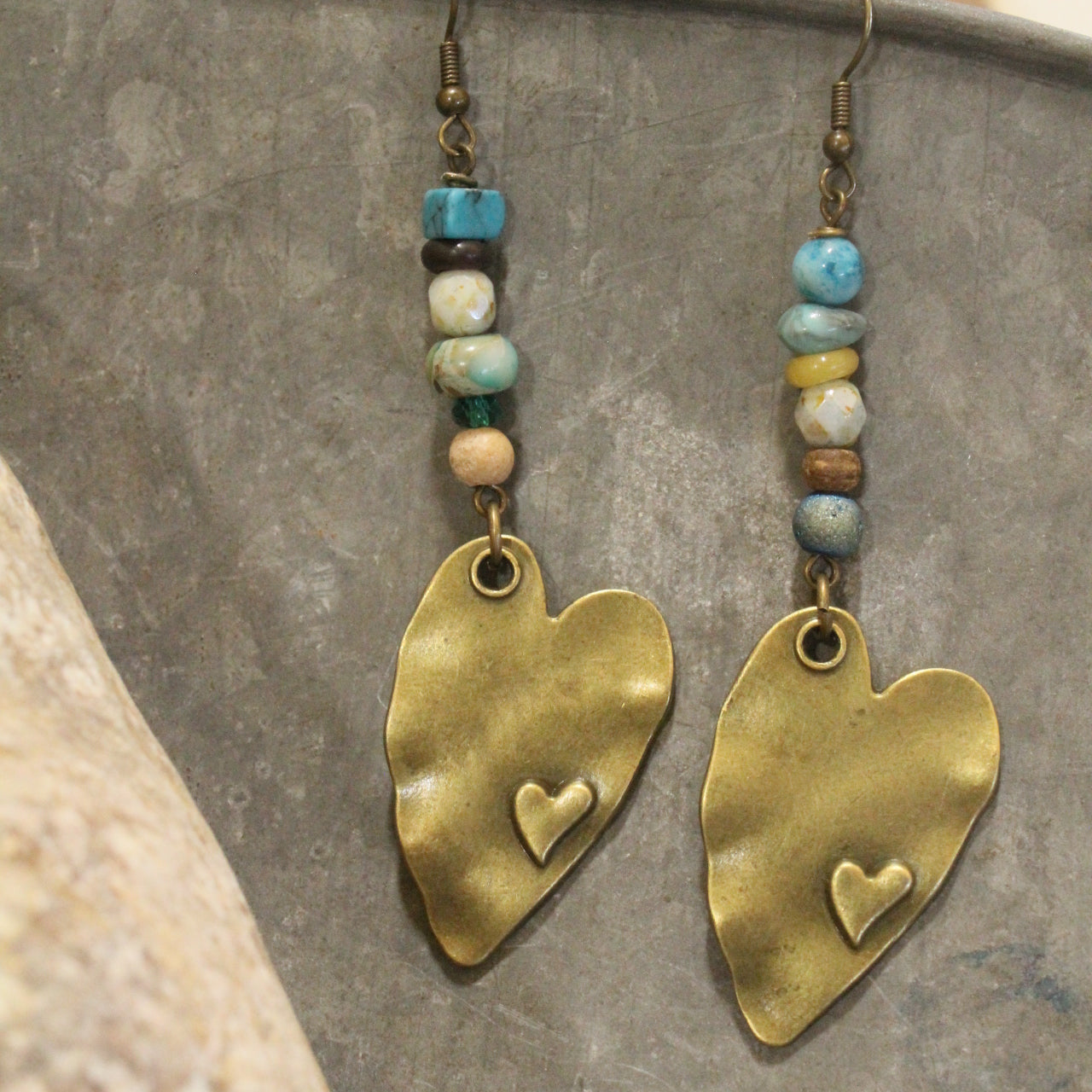 Bronze Heart Gemstone Dangle Earrings