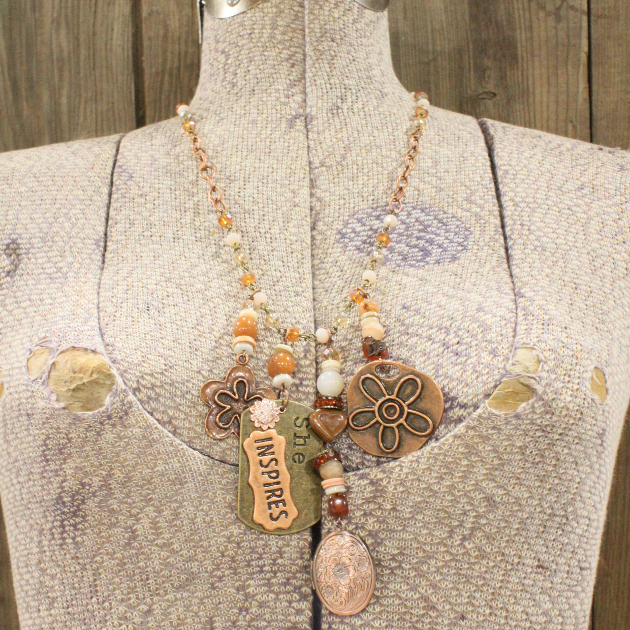 She Inspires Copper Floral Locket Charmed Necklace