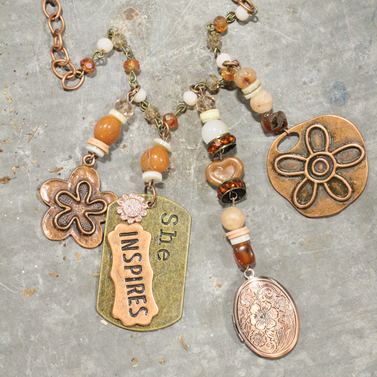 She Inspires Copper Floral Locket Charmed Necklace