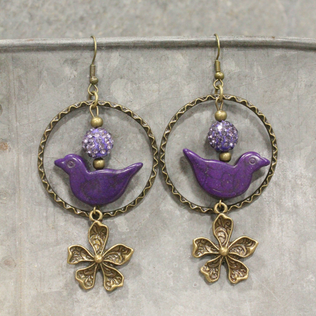 Bird Chirping Purple Dangle Earrings