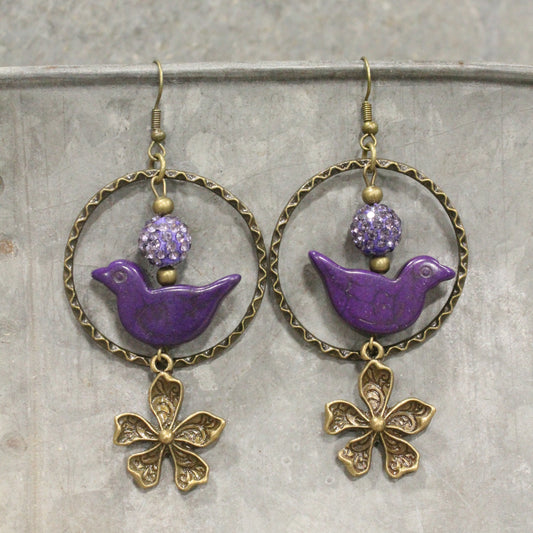 Bird Chirping Purple Dangle Earrings