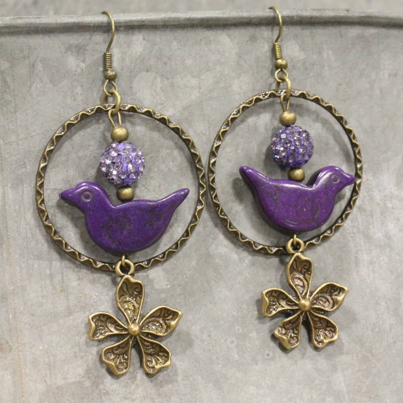 Bird Chirping Purple Dangle Earrings