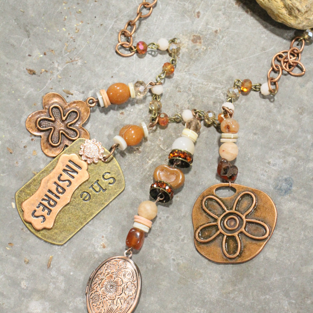 She Inspires Copper Floral Locket Charmed Necklace