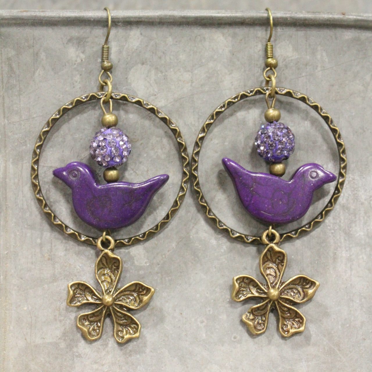 Bird Chirping Purple Dangle Earrings