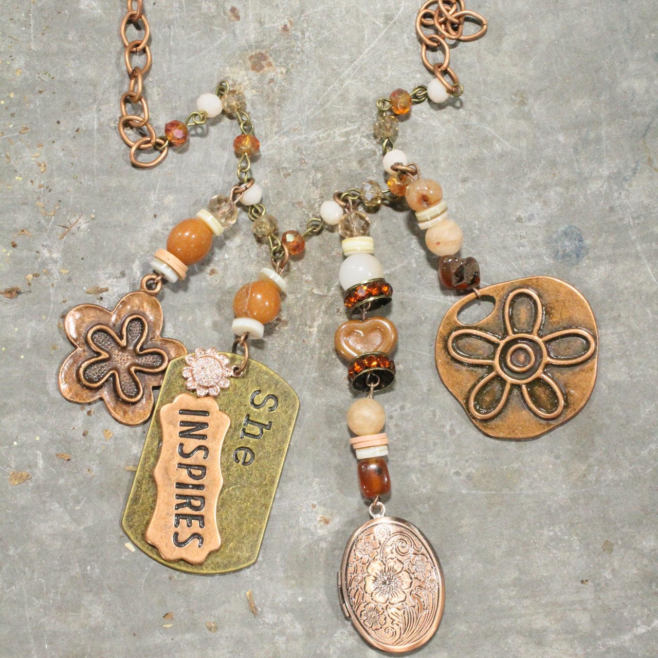 She Inspires Copper Floral Locket Charmed Necklace