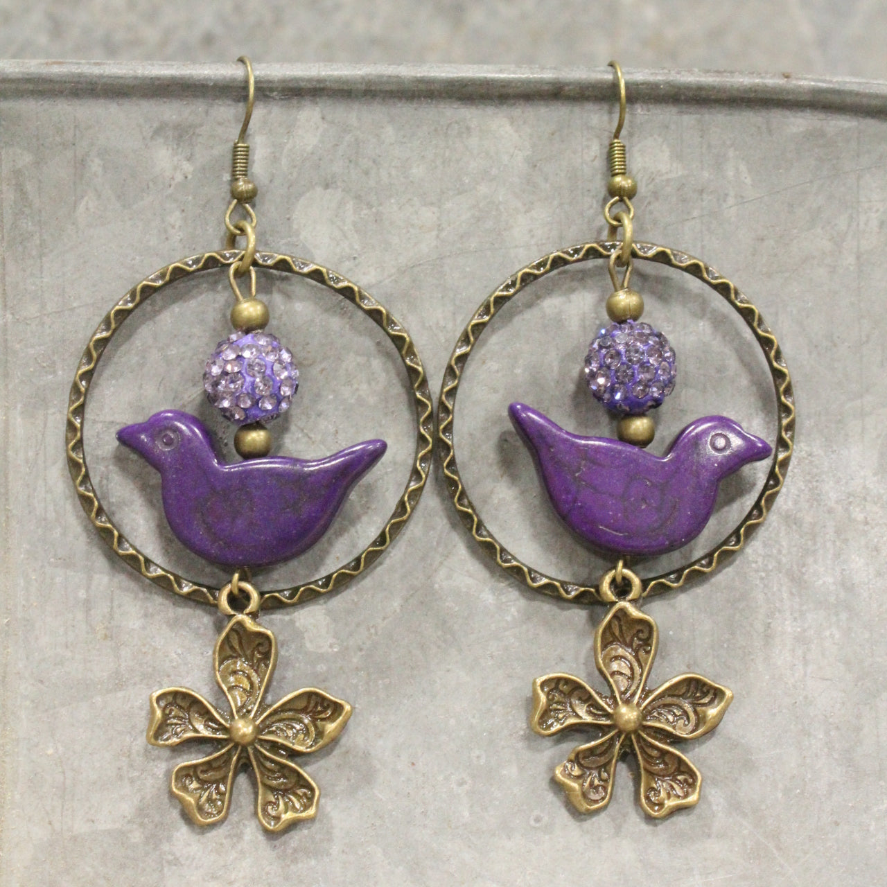 Bird Chirping Purple Dangle Earrings