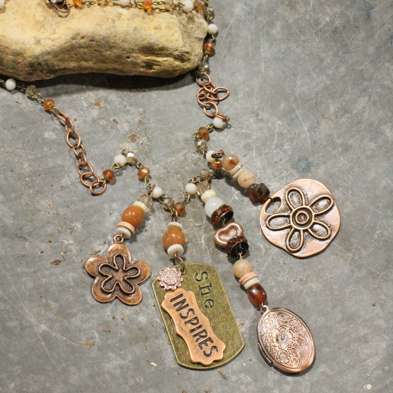 She Inspires Copper Floral Locket Charmed Necklace