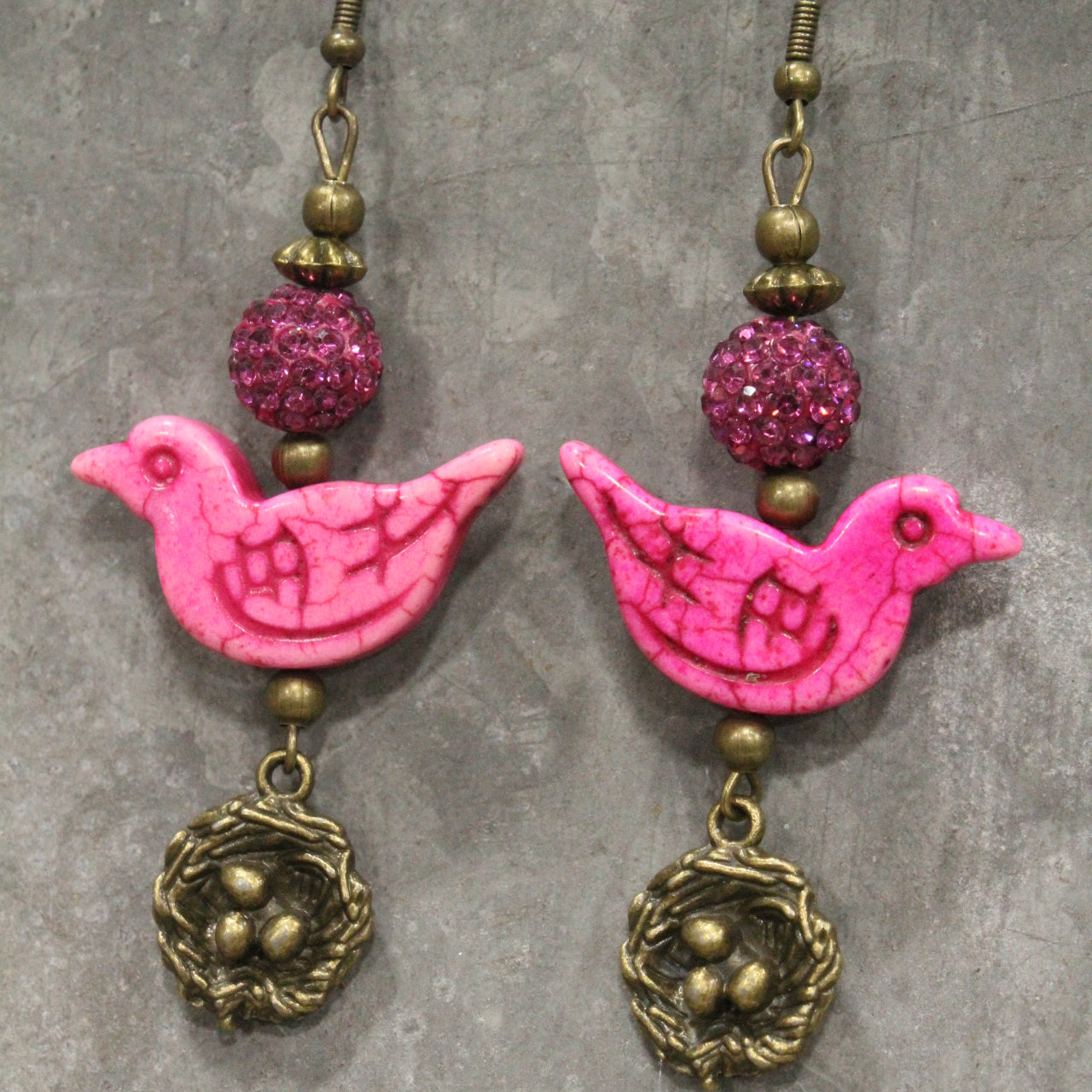 Bird Chirping Pink Dangle Earrings