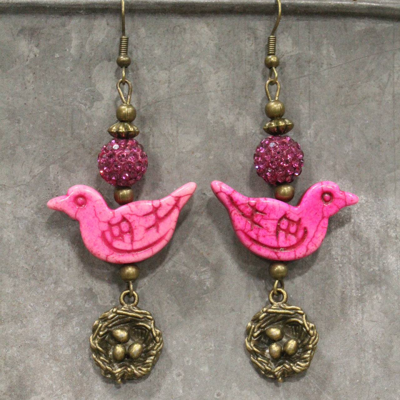 Bird Chirping Pink Dangle Earrings