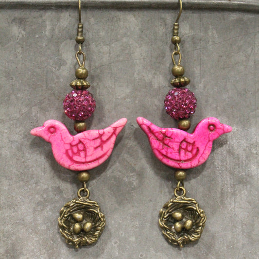 Bird Chirping Pink Dangle Earrings