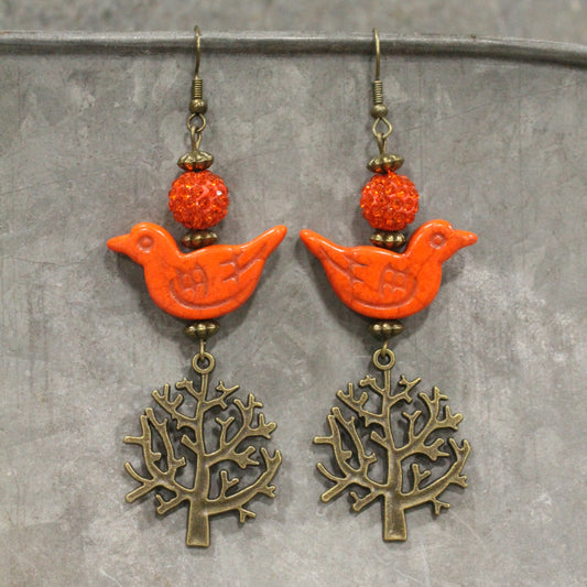 Bird Chirping Orange Dangle Earrings