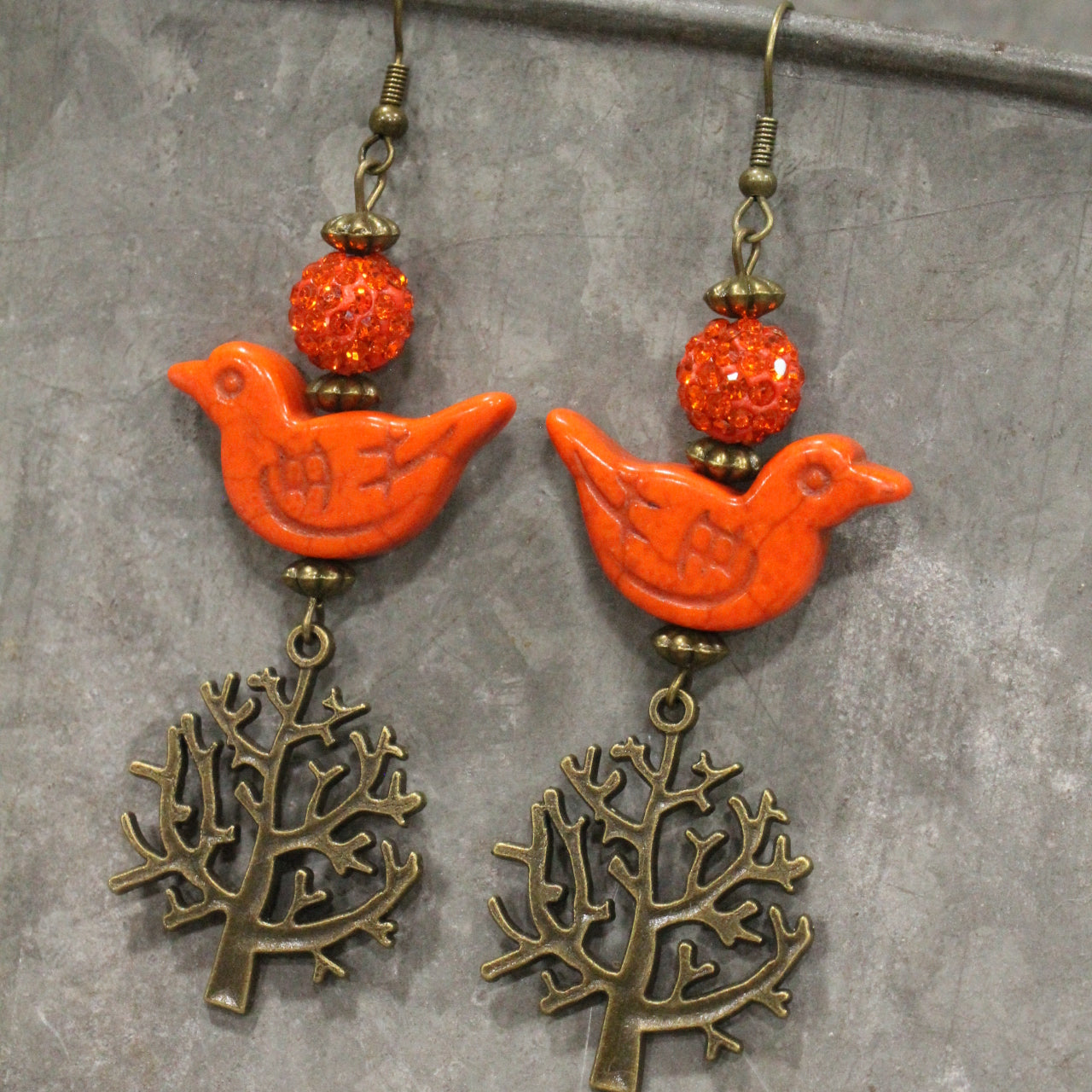 Bird Chirping Orange Dangle Earrings