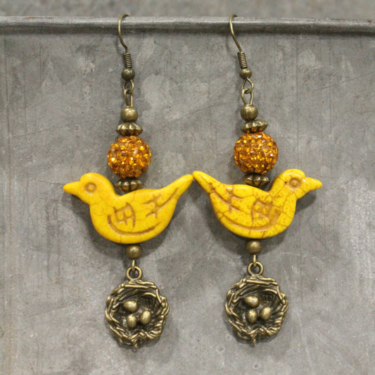 Bird Chirping Mustard Dangle Earrings