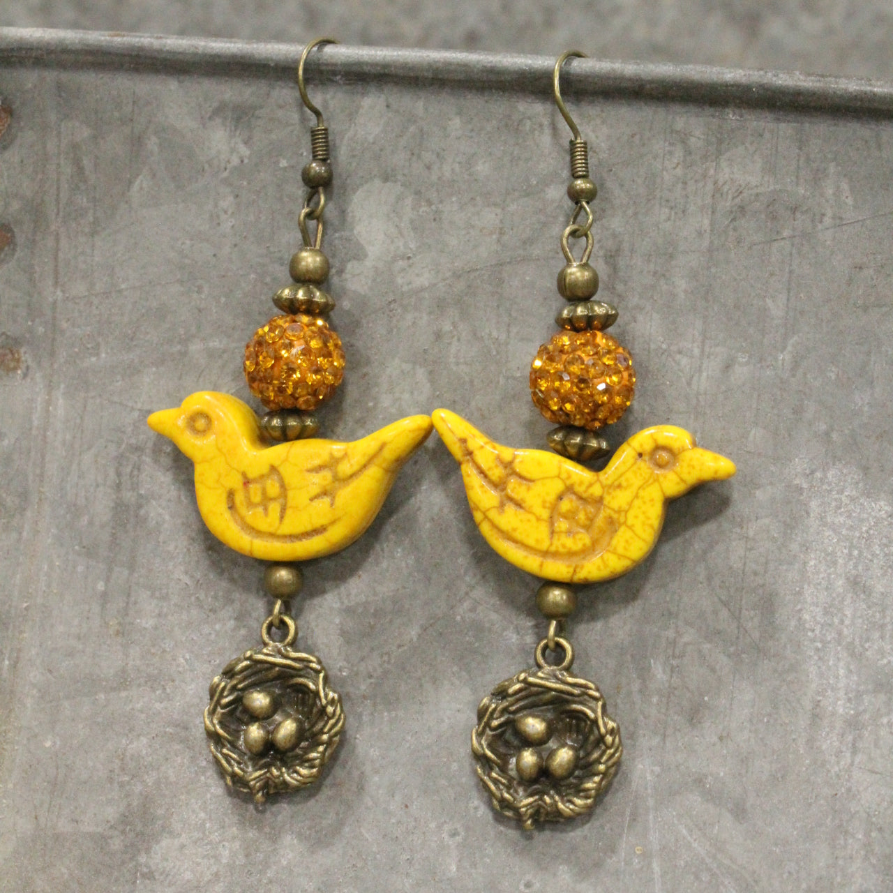 Bird Chirping Mustard Dangle Earrings