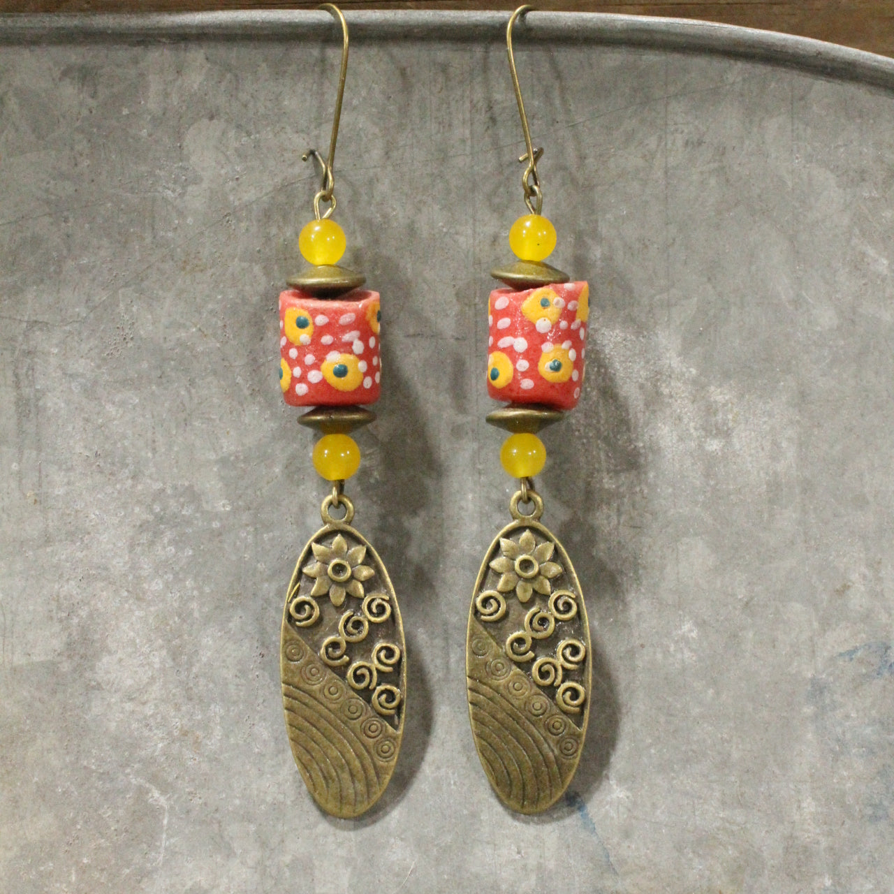 Vintage Stone & Flower Drop Earrings