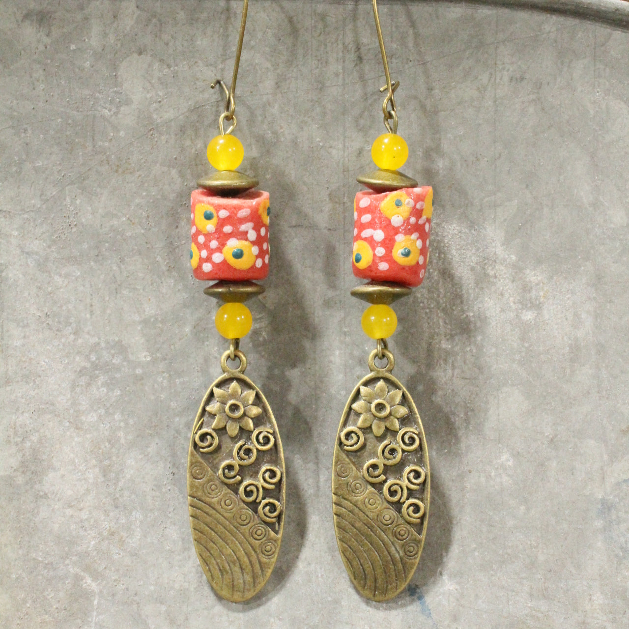 Vintage Stone & Flower Drop Earrings