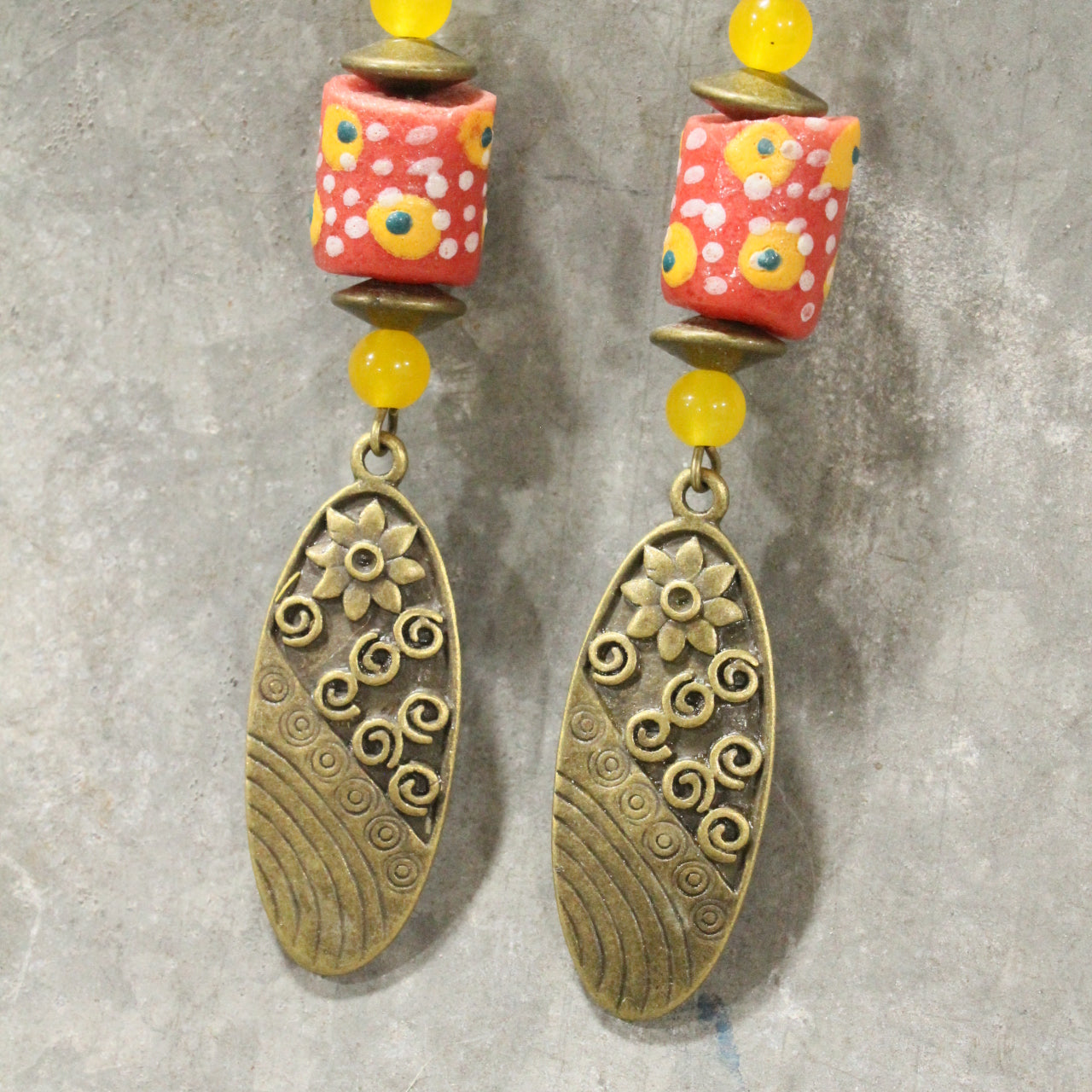 Vintage Stone & Flower Drop Earrings