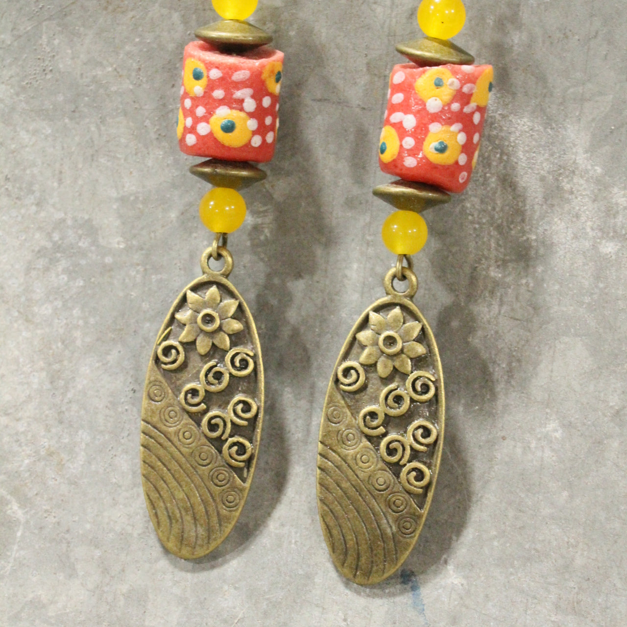 Vintage Stone & Flower Drop Earrings