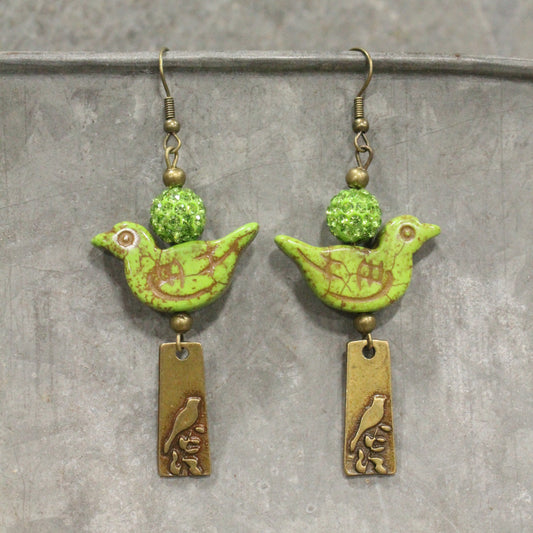 Bird Chirping Green Dangle Earrings