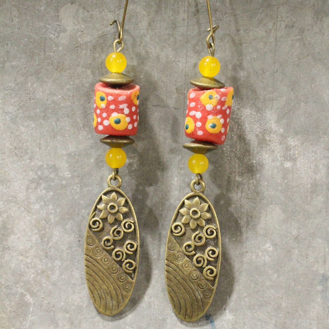 Vintage Stone & Flower Drop Earrings