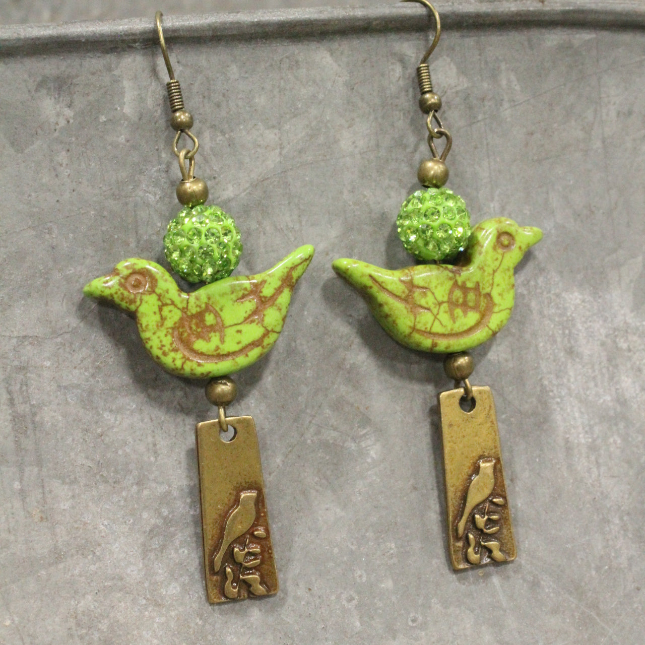 Bird Chirping Green Dangle Earrings